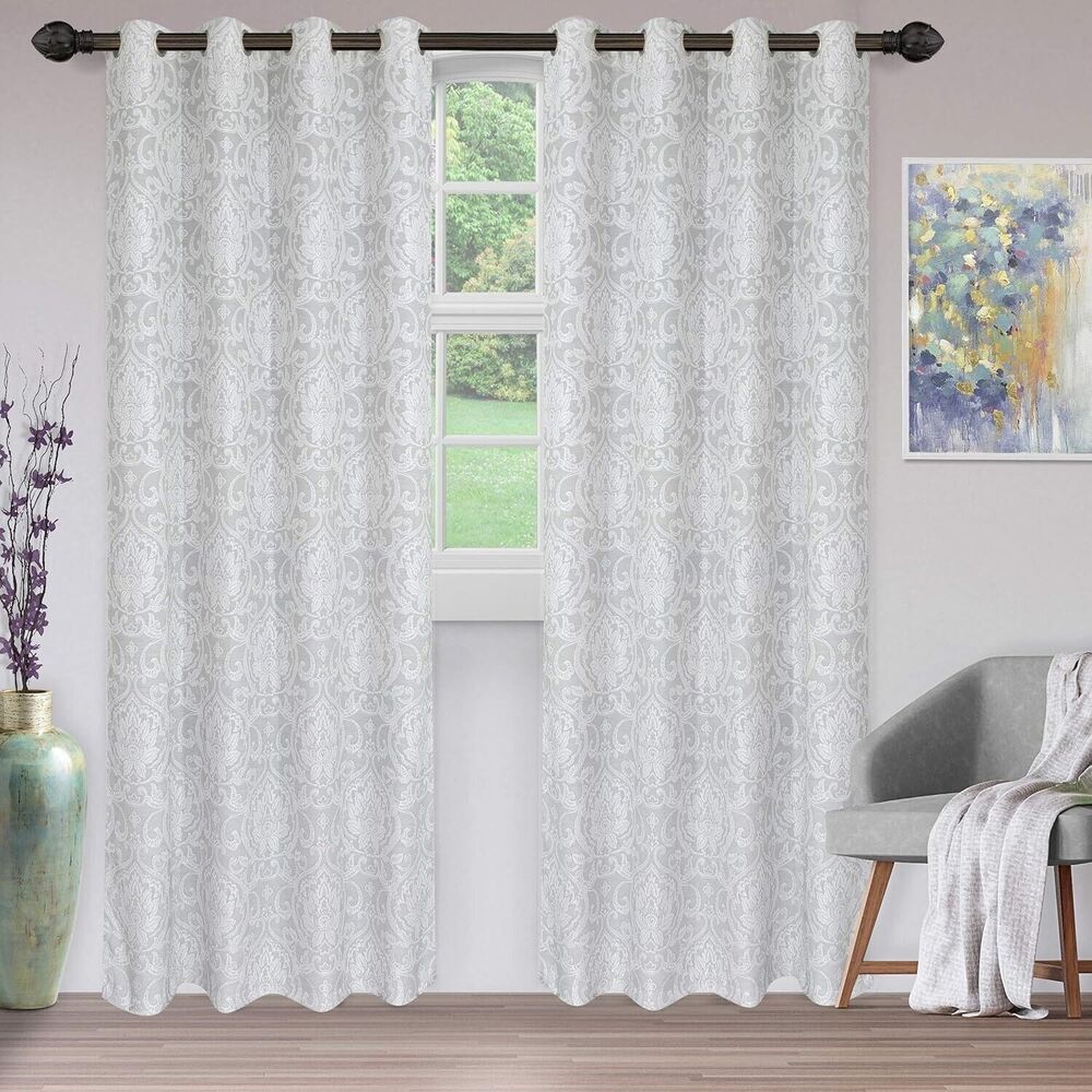 Superior Lotus Jacquard Premium Curtain Panel 2 Piece, Light Grey, 52”W x 84”L